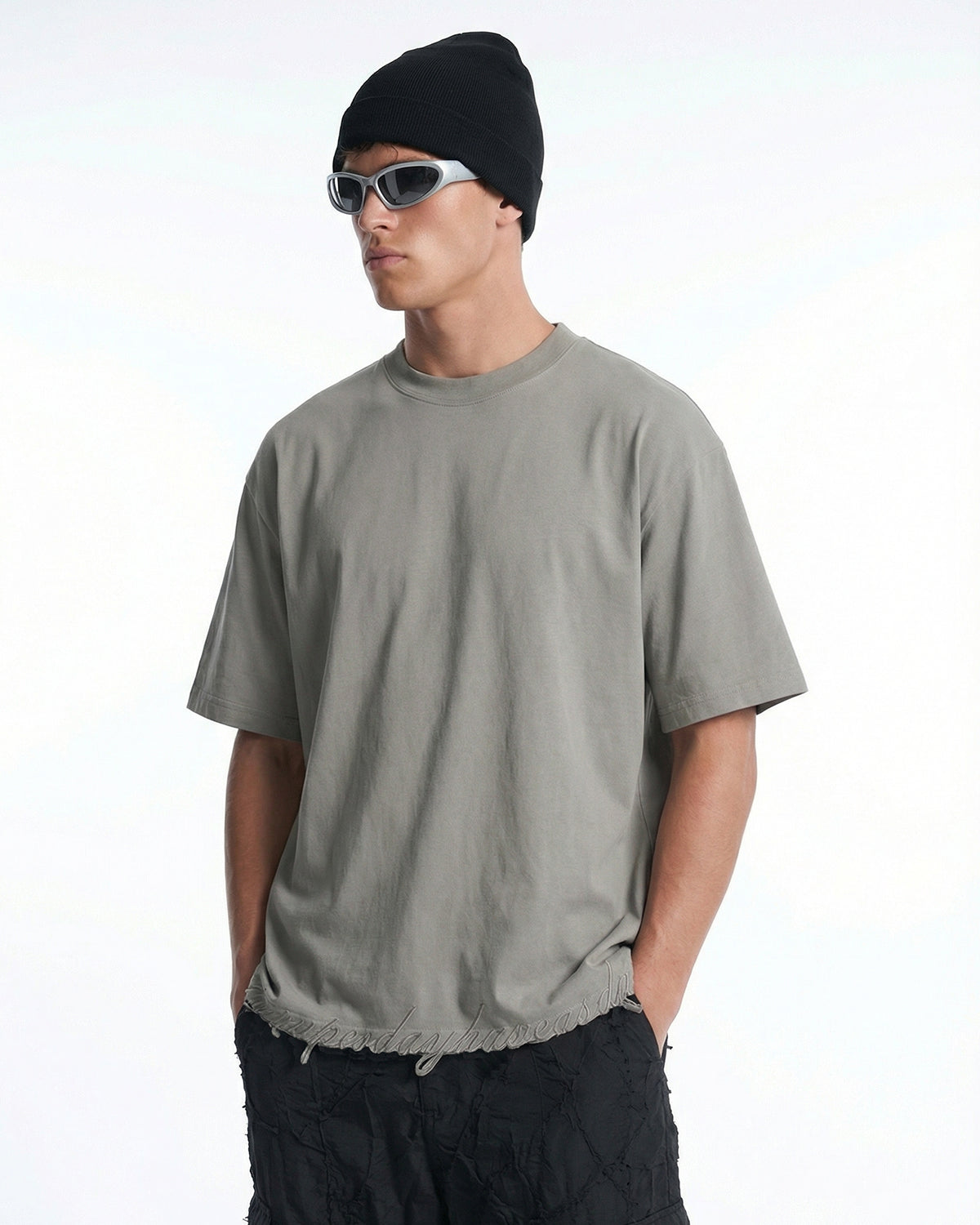 Embroidered Frayed Hem Oversized T-Shirt