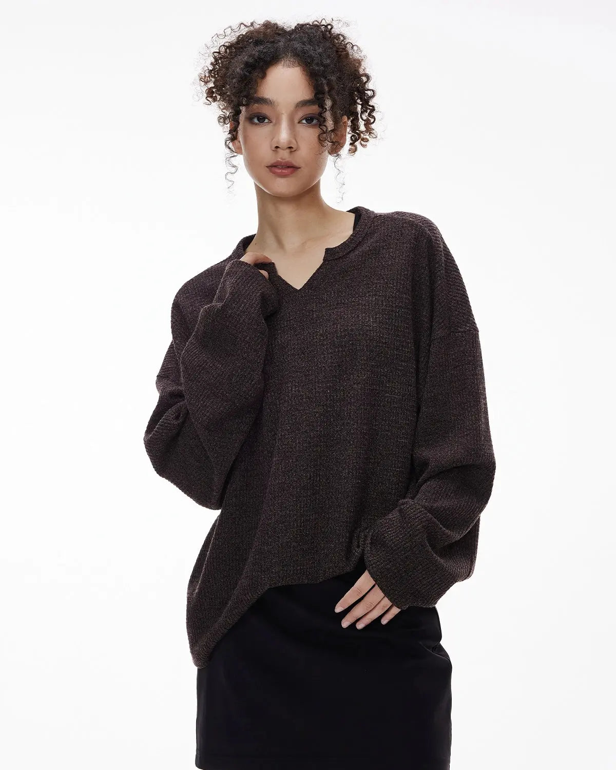 V-neck Long Sleeve Waffle Tees
