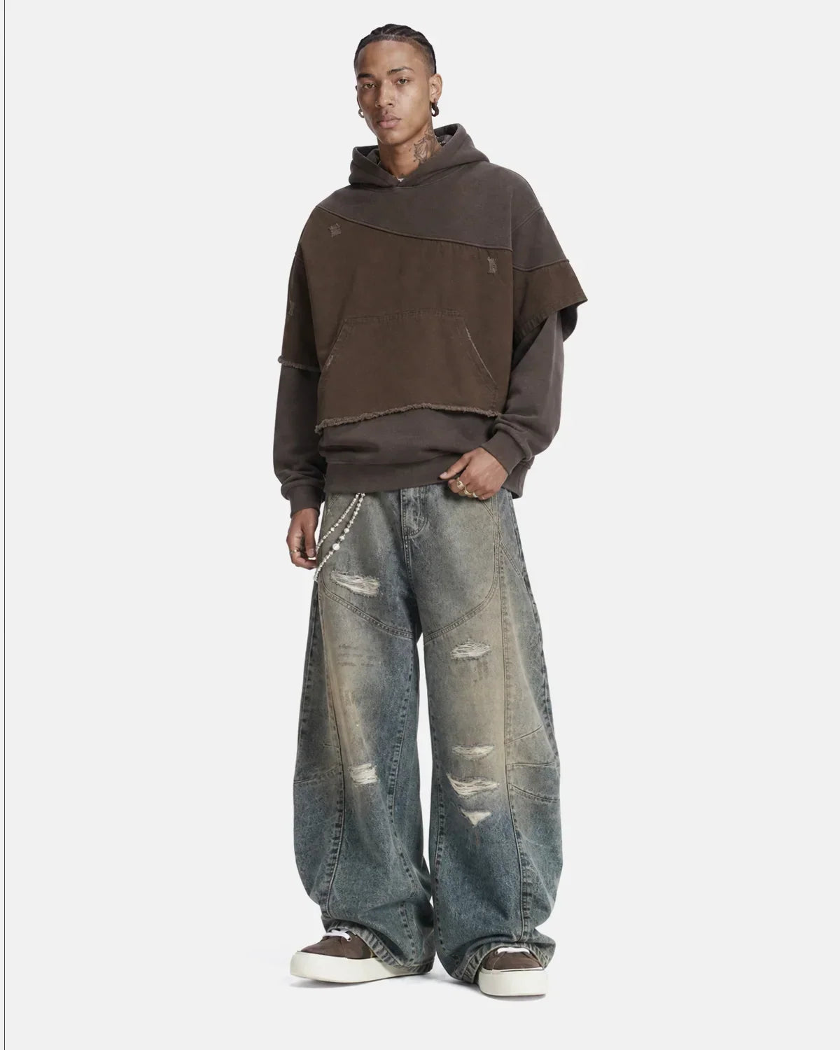 Washed Layered Raw Edge Boxy Hoodie