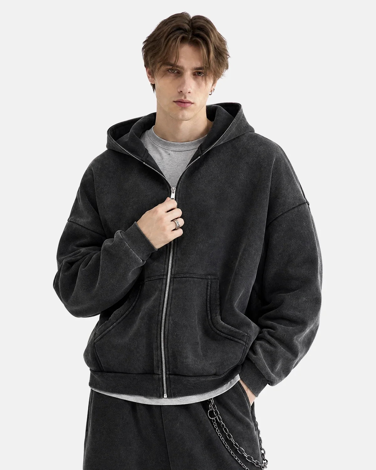 upper body model wearing black washed zip up hoodie