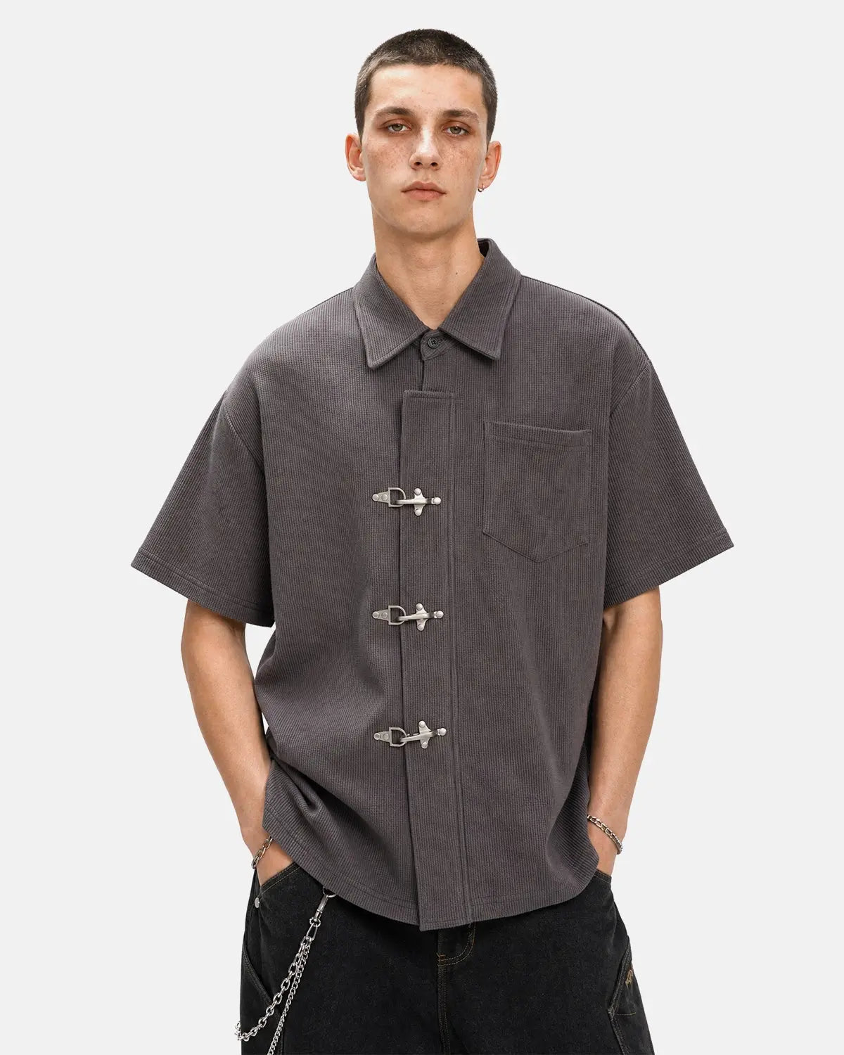 Metal Clasp Waffle Shirt