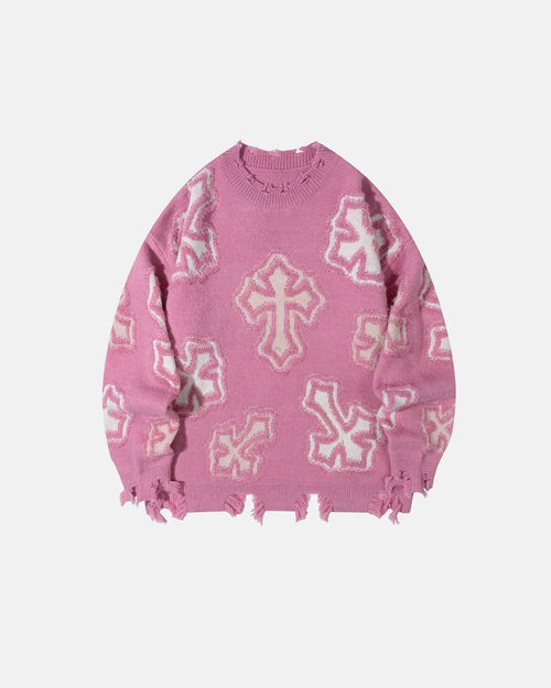 Distressed Cross Graphic Knit Sweater - Pink / XXS