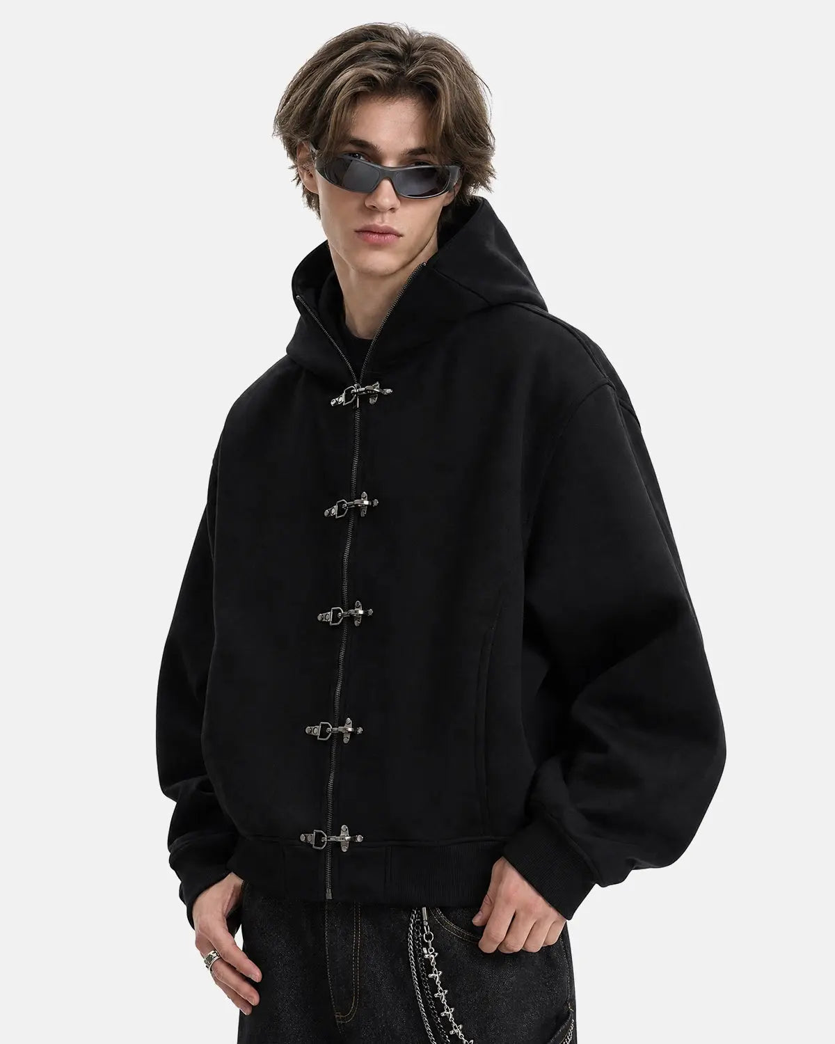 Metal Clasp Boxy Zip Up Hoodie