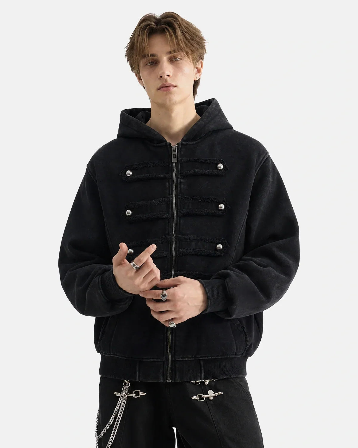 Washed Studded Boxy Zip Up Hoodie