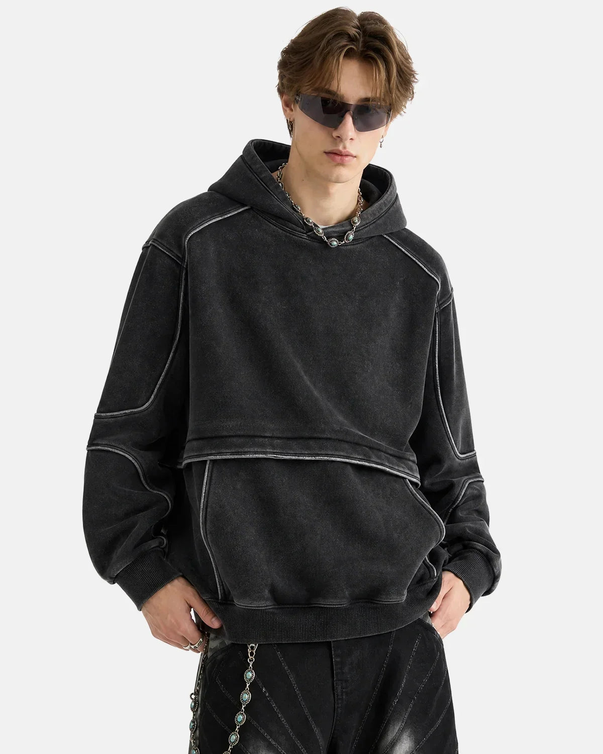 Washed Reflective Piping Boxy Hoodie