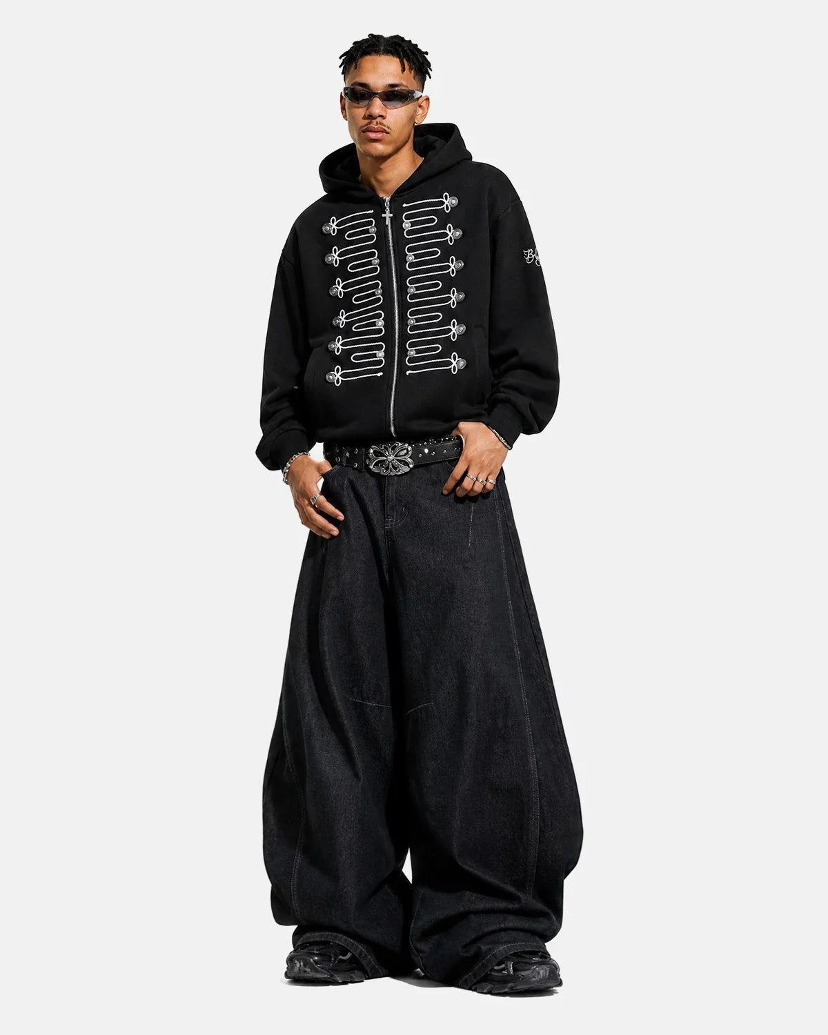 Braided Embroidery Boxy Zip Up Hoodie