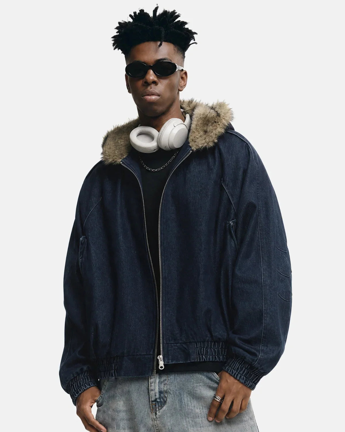 Faux Fur Hooded Padded Denim Jacket