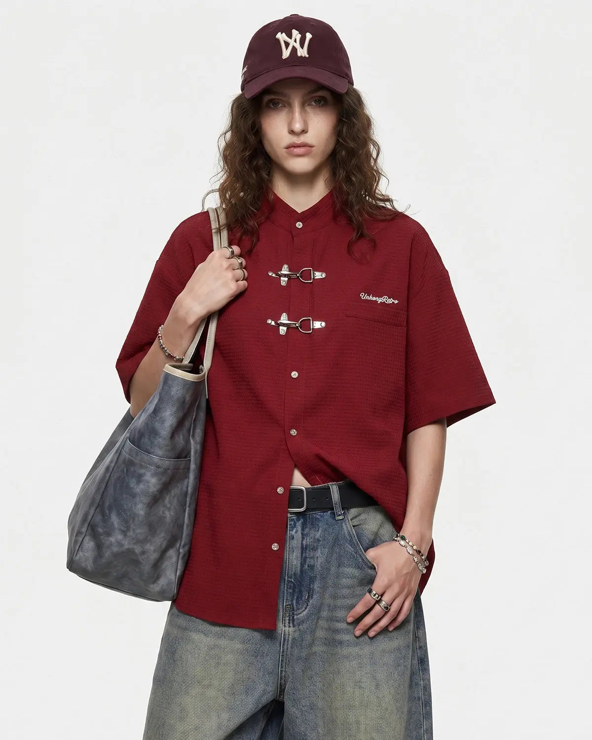 Waffle Shirt with Metal Clasp Detail