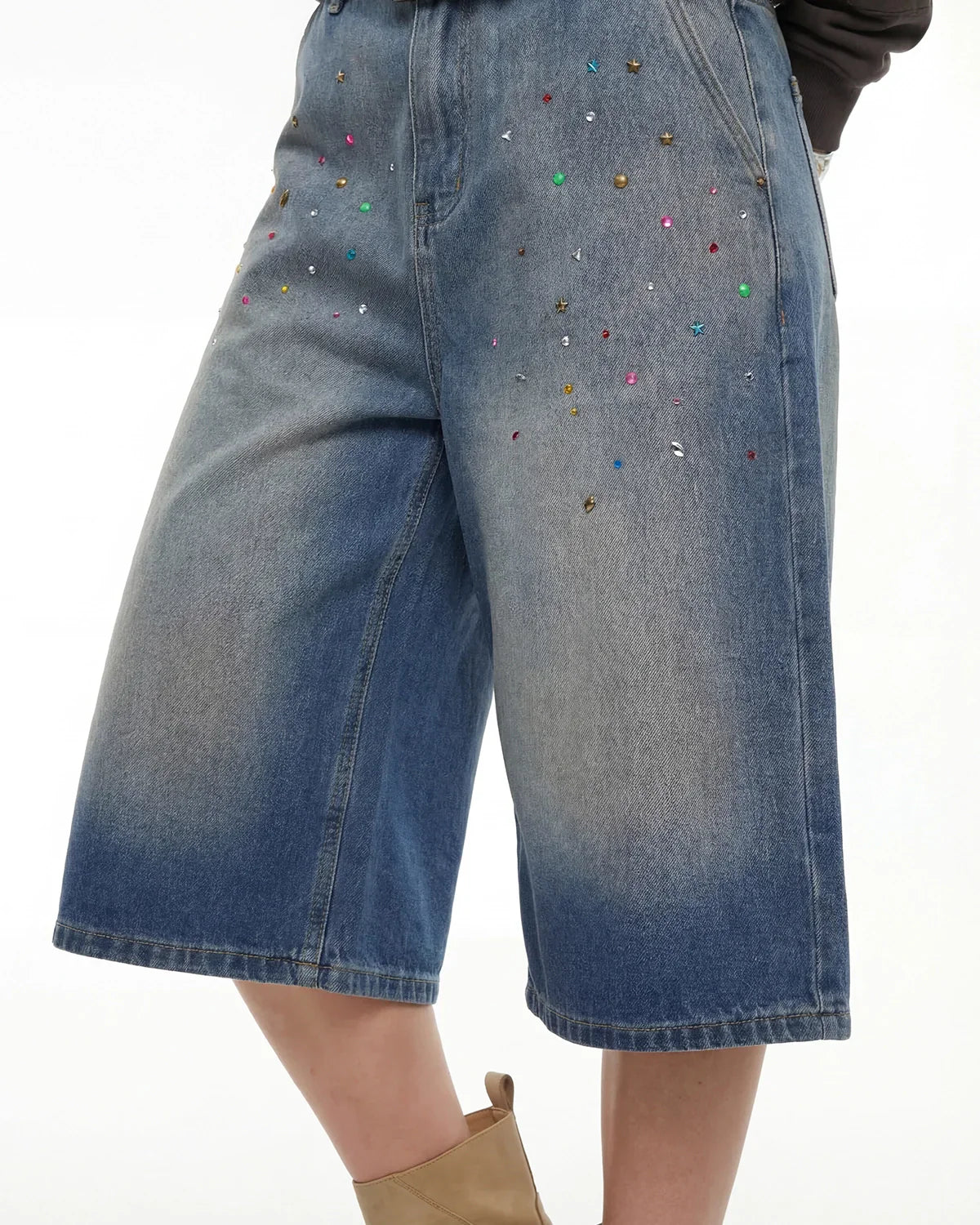 Rhinestone Washed Denim Baggy Jorts