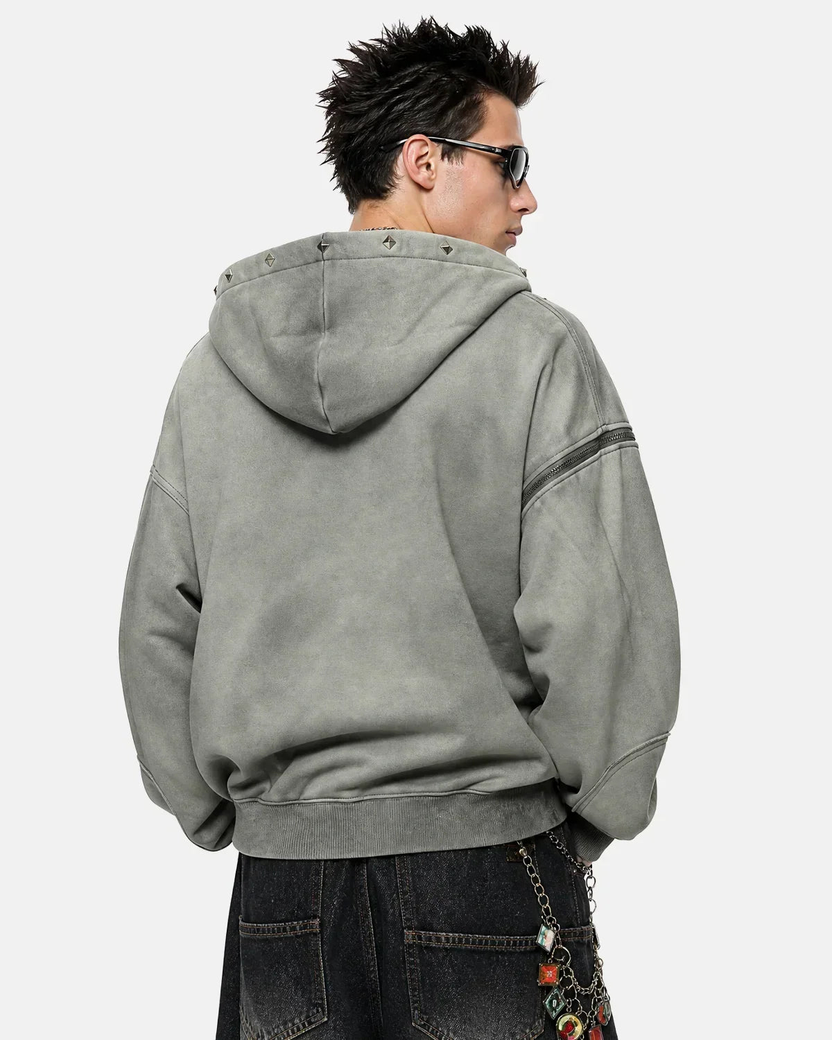 Dirty Washed Studded Boxy Zip Up Hoodie