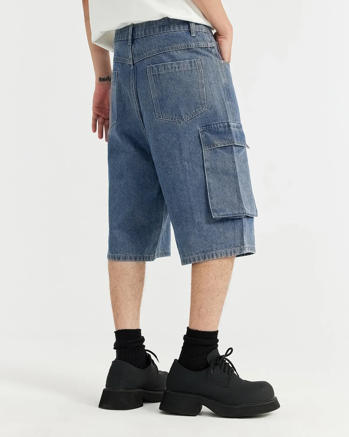 Short en jean cargo délavé bleu