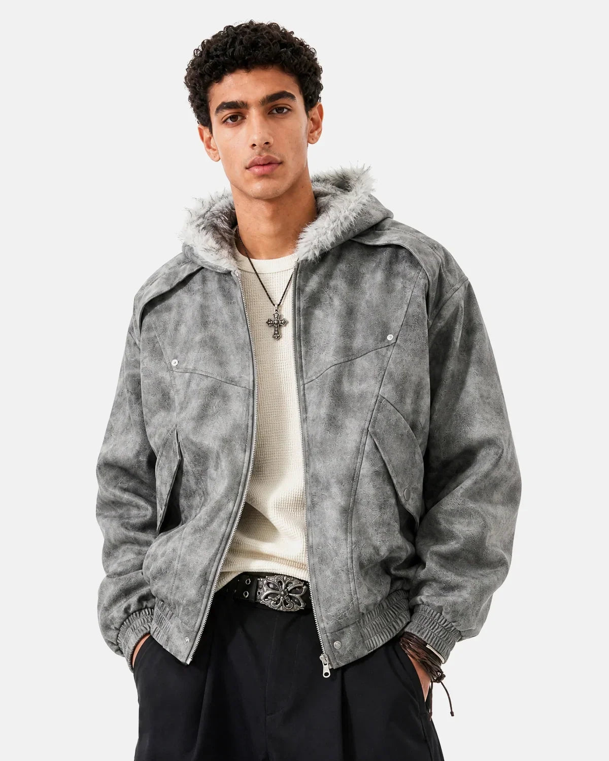 Suede Faux Fur Cotton Padded Jacket