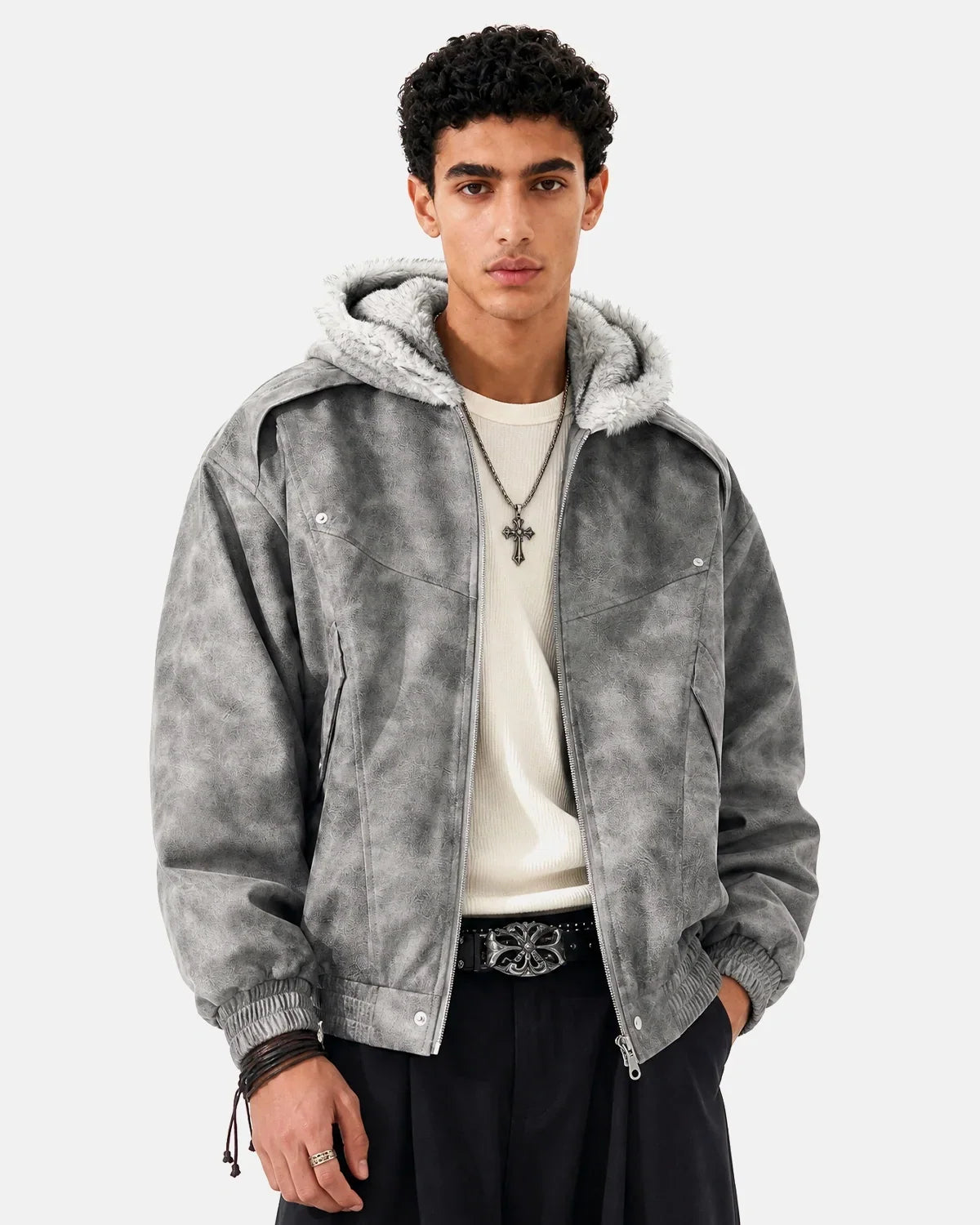 Suede Faux Fur Cotton Padded Jacket