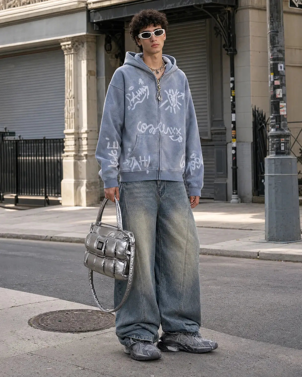 Graffiti Washed Zip Up Hoodies