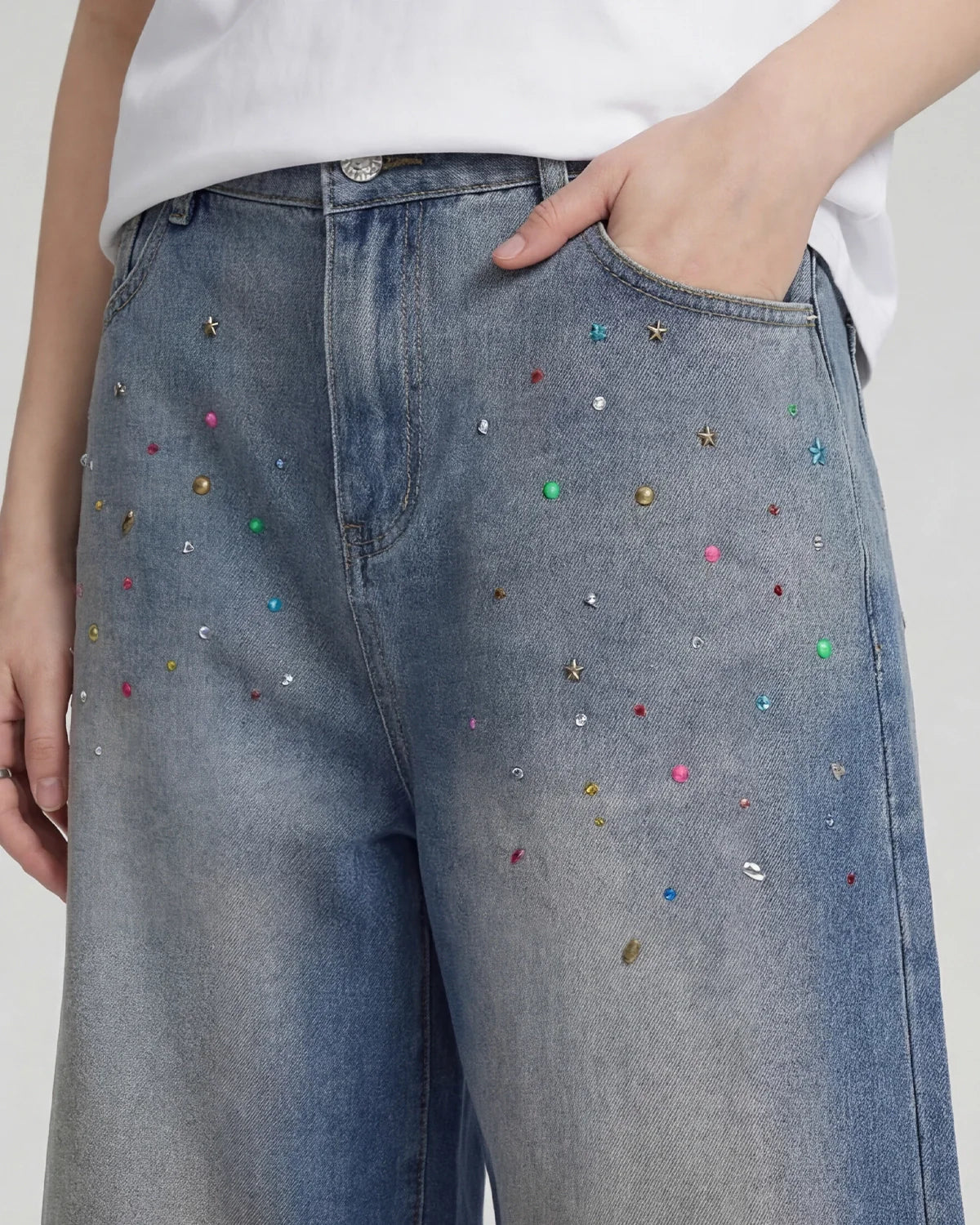 Rhinestone Washed Denim Baggy Jorts
