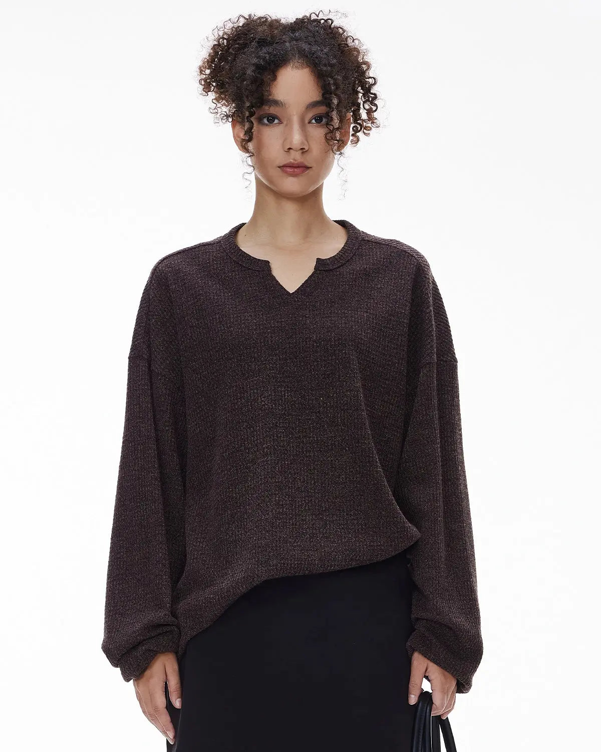 V-neck Long Sleeve Waffle Tees