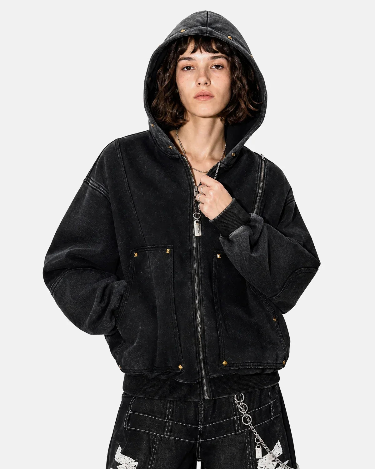 Dirty Washed Studded Boxy Zip Up Hoodie