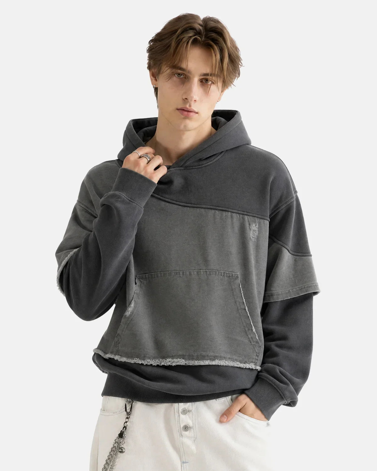 Washed Layered Raw Edge Boxy Hoodie
