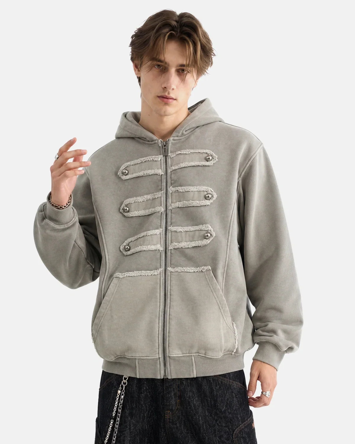 Washed Studded Boxy Zip Up Hoodie