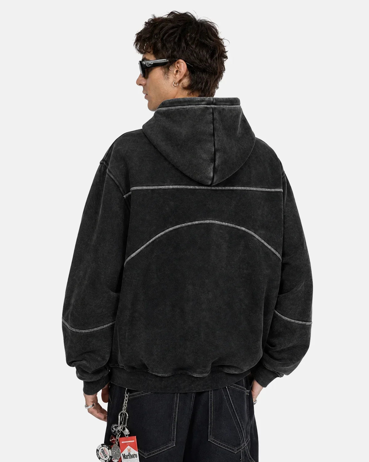 Contrast Stitch Boxy Zip Up Hoodie