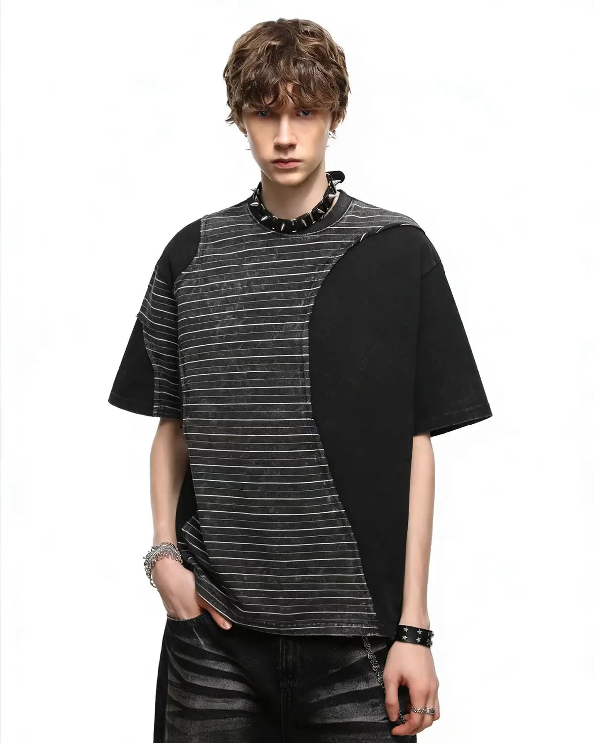 Striped Patchwork Washed T-Shirt