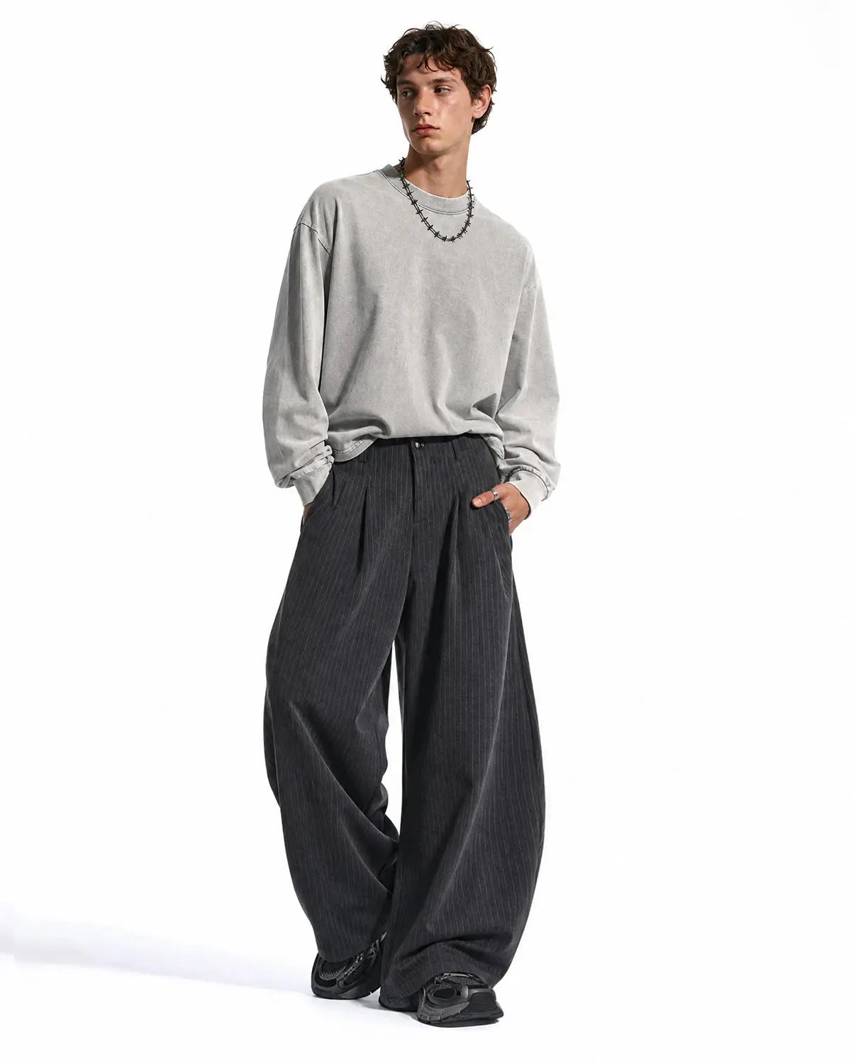 Pinstripe Pleated Barrel Tailored Pants