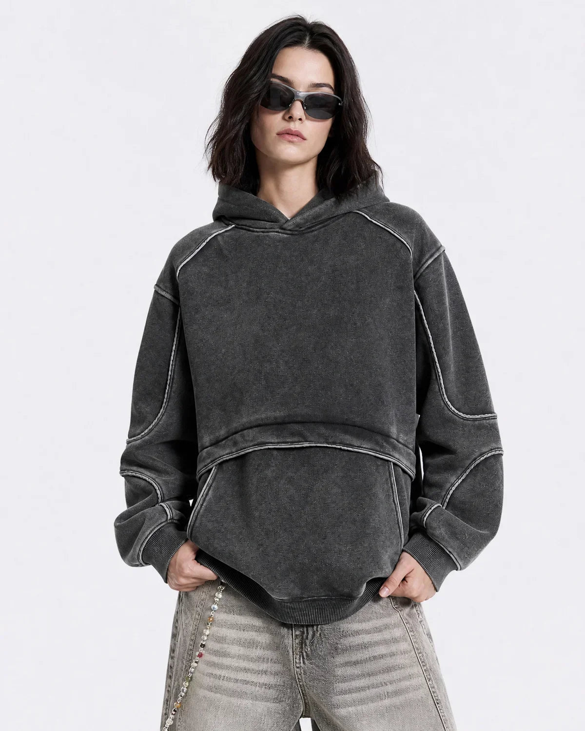 Washed Reflective Piping Boxy Hoodie