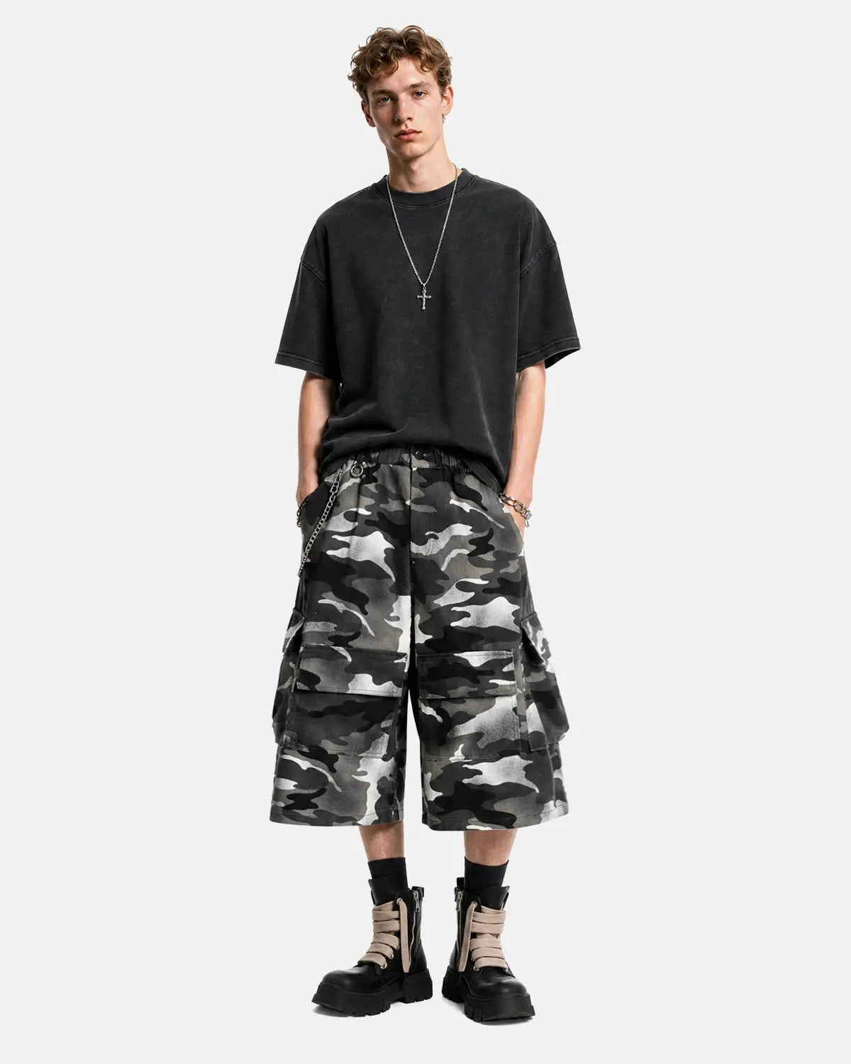 Grey Camo Utility Longline Shorts