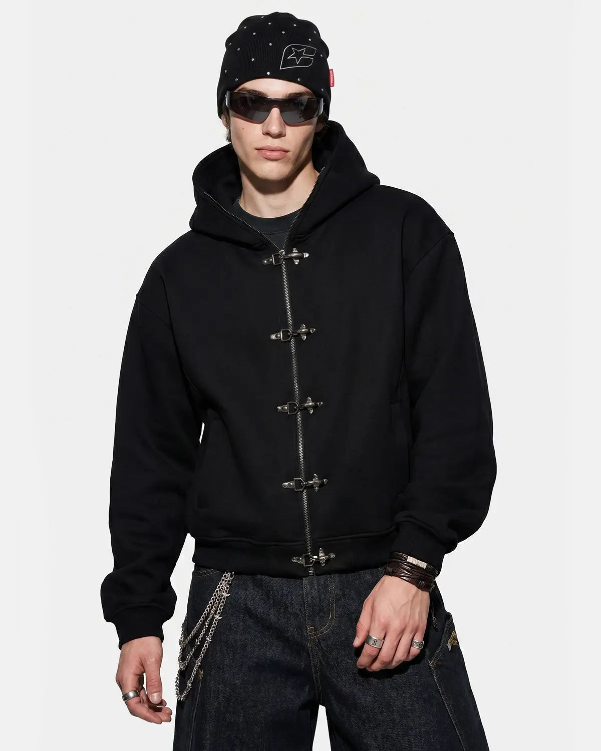 Metal Clasp Boxy Zip Up Hoodie