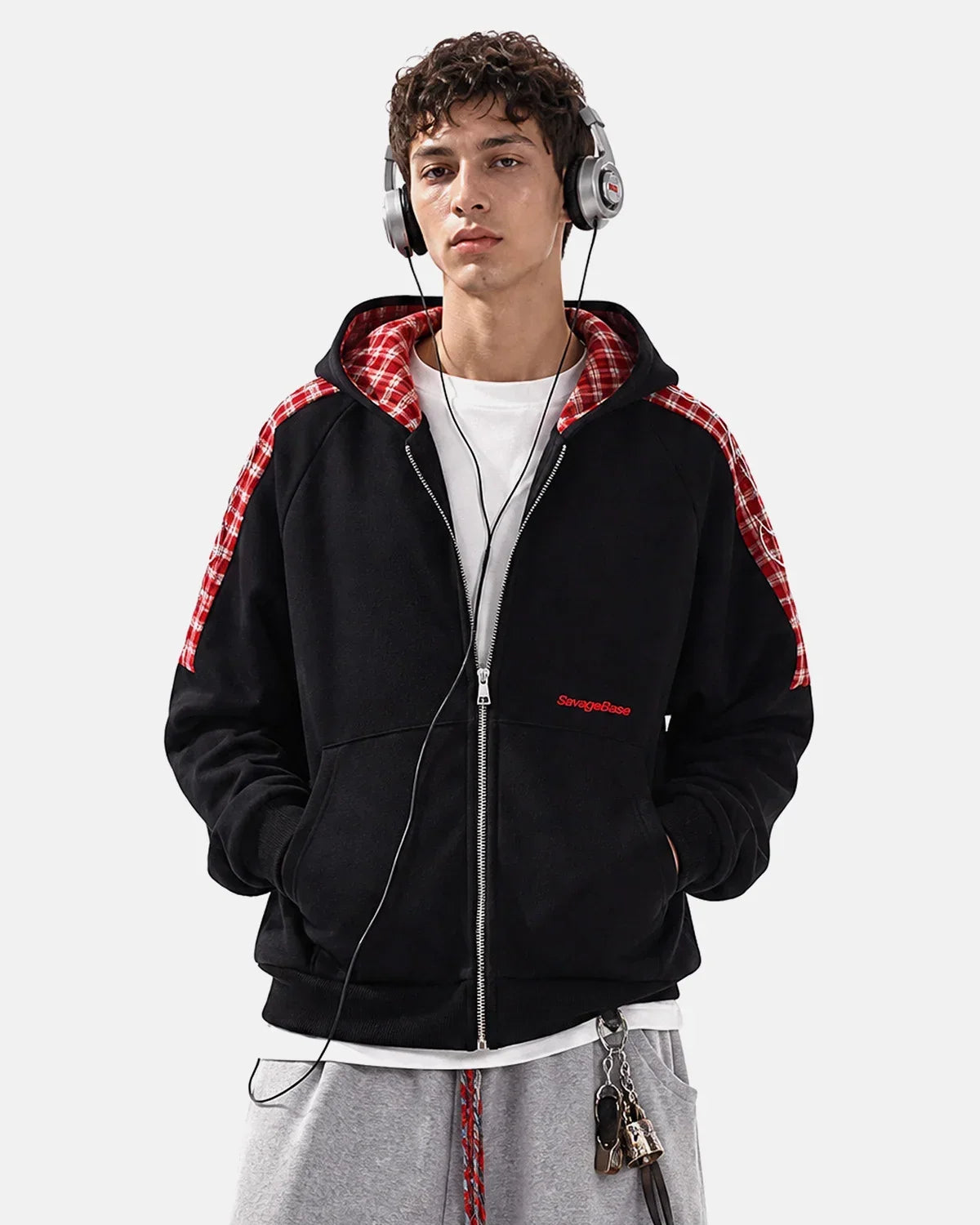 Plaid Panel Zip-Up Hoodie