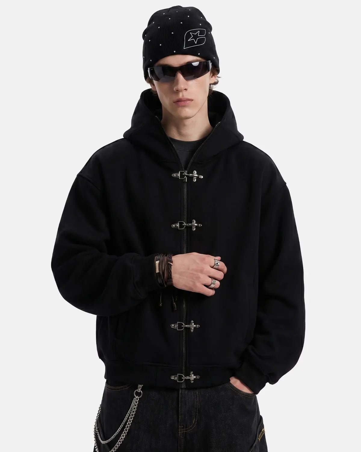 Metal Clasp Boxy Zip Up Hoodie
