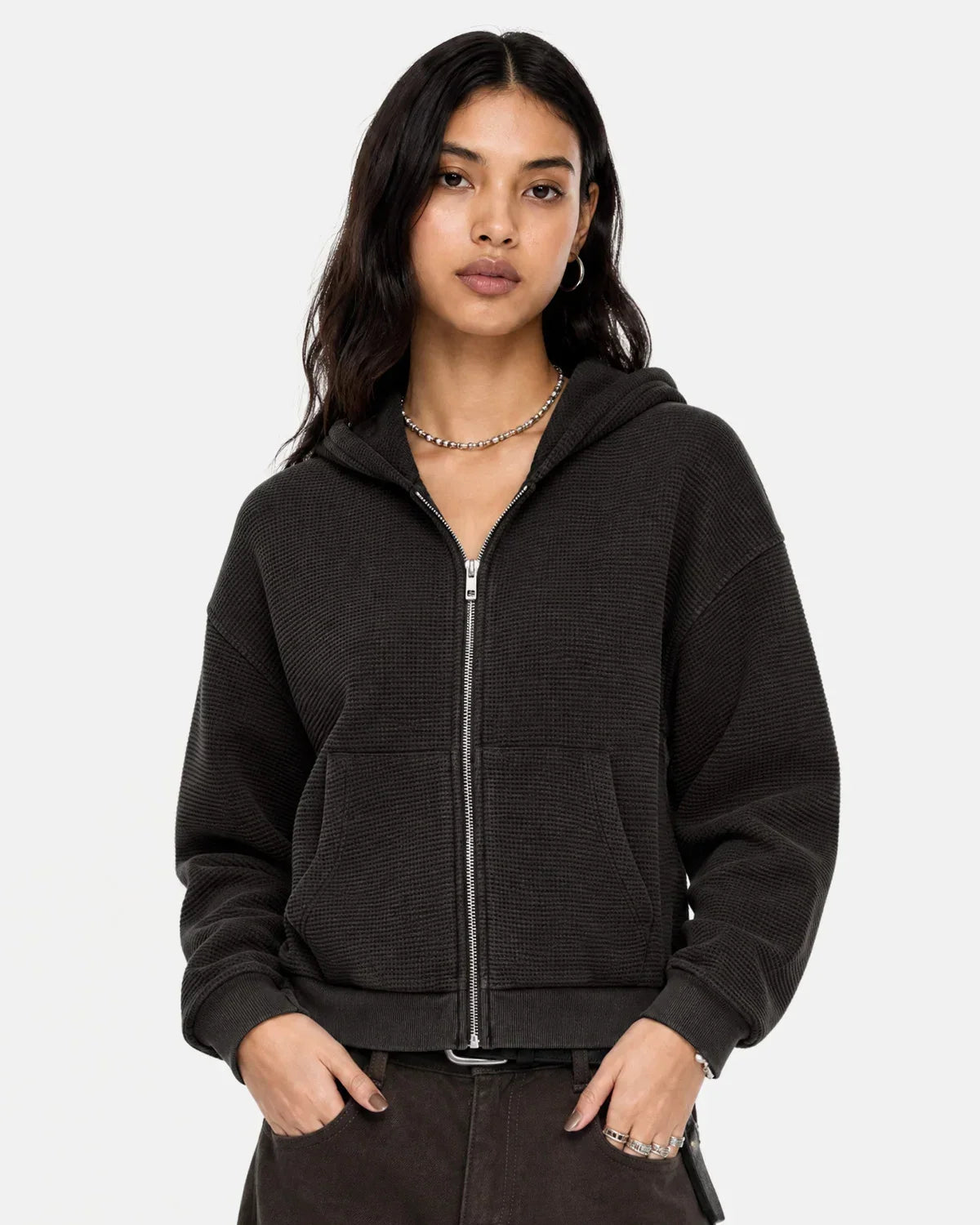 Sweat à capuche zippé gaufré délavé vintage