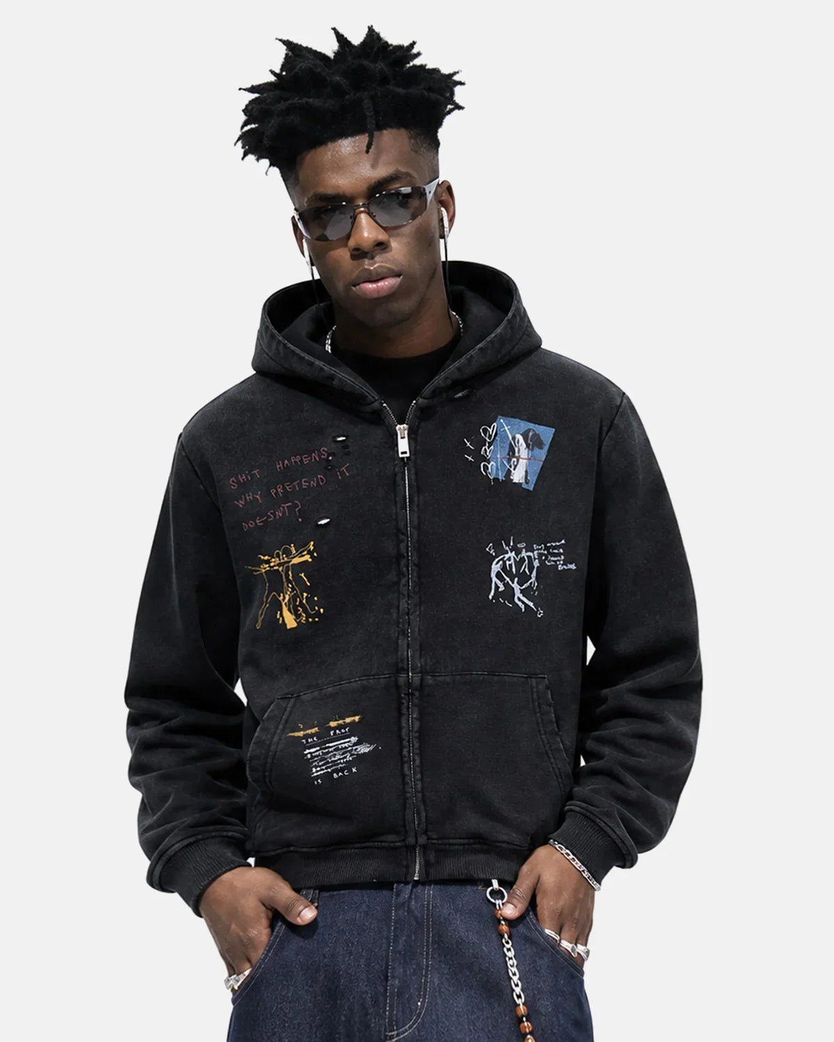 Graffiti Washed Zip Up Hoodie