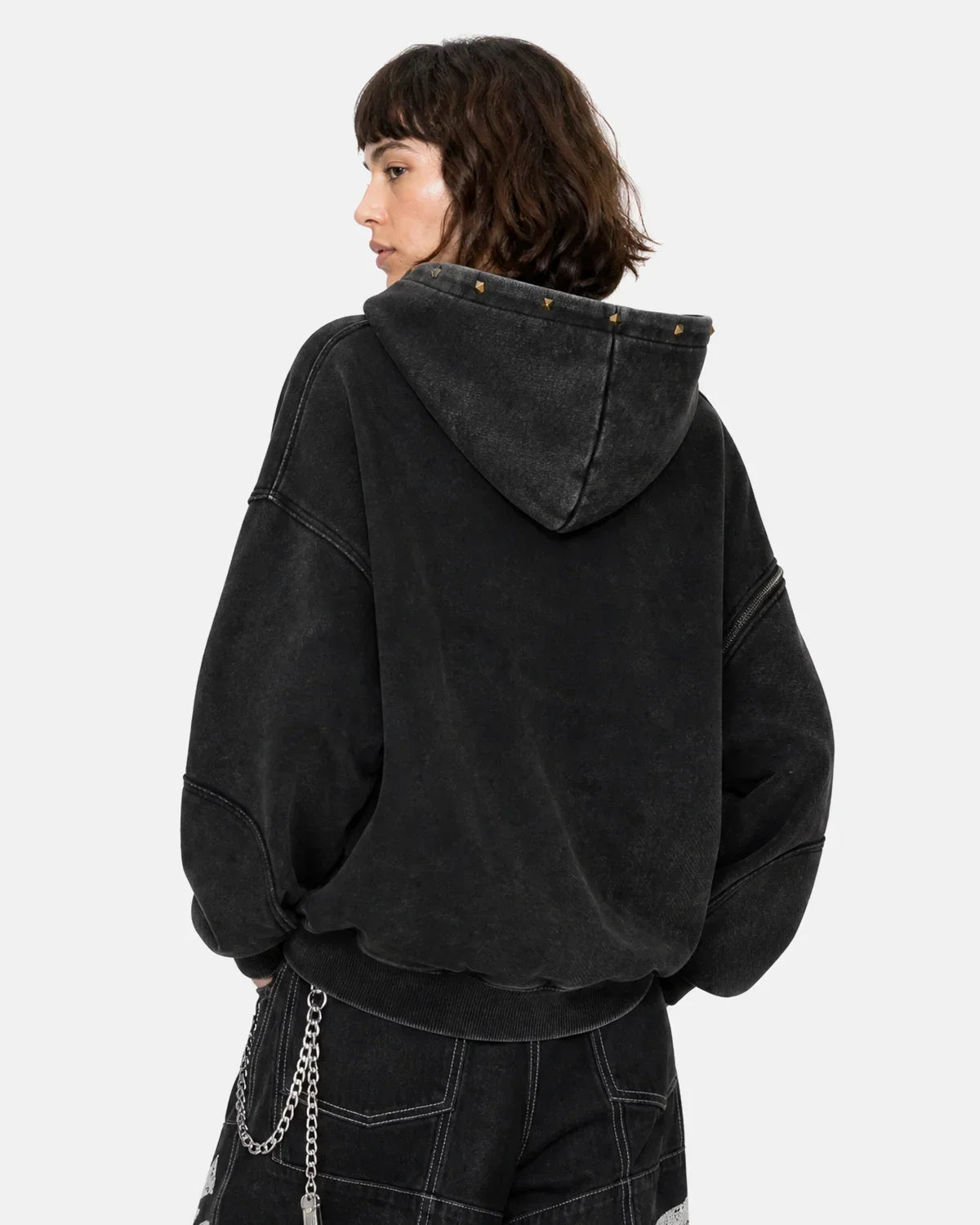 Dirty Washed Studded Boxy Zip Up Hoodie