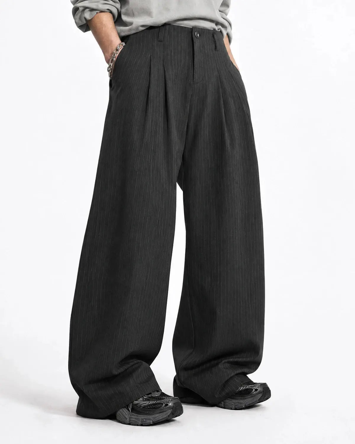 Pinstripe Pleated Barrel Tailored Pants