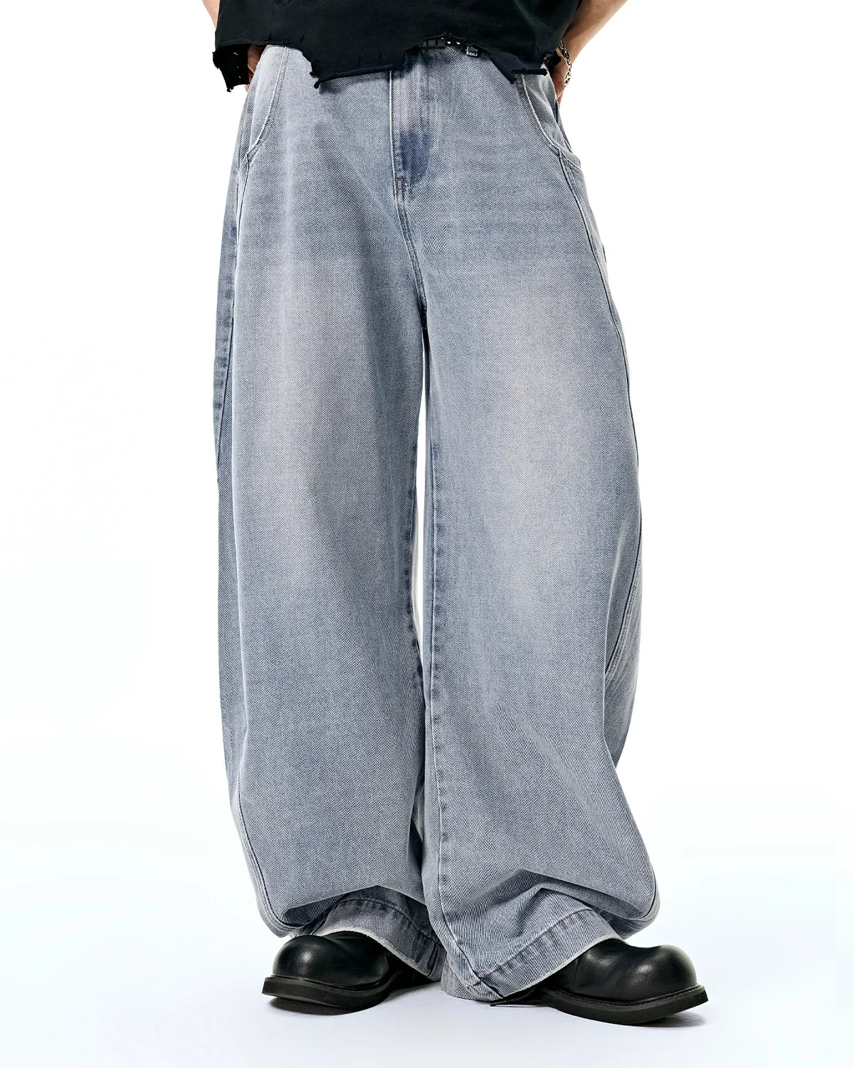 Acid Washed Distressed Barrel Jeans