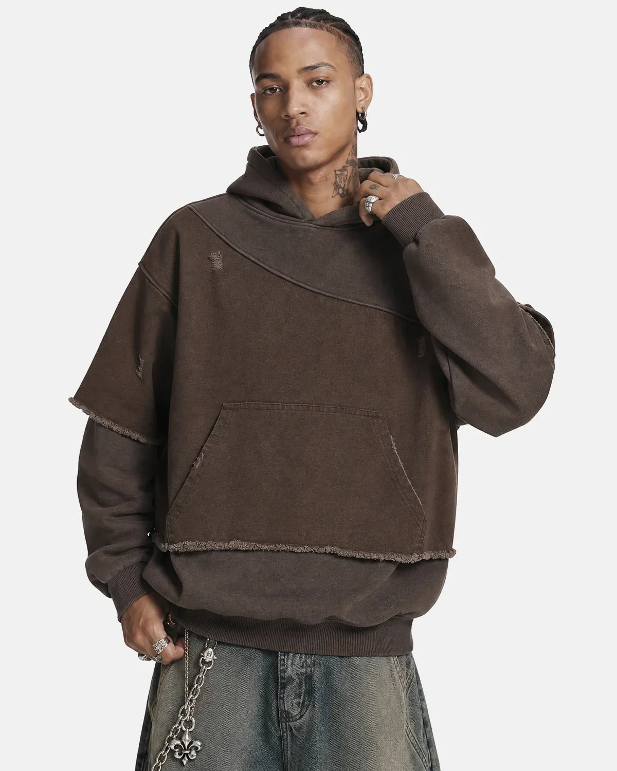 Washed Layered Raw Edge Boxy Hoodie