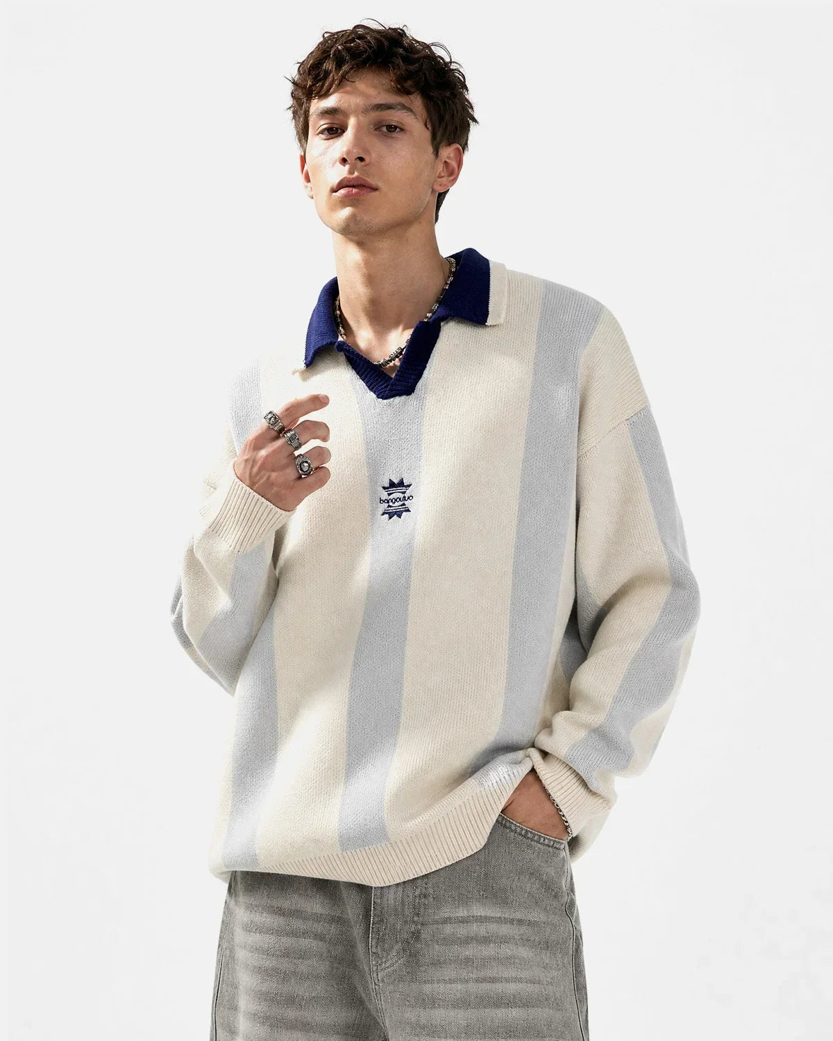 Retro Striped Polo Knit Sweater