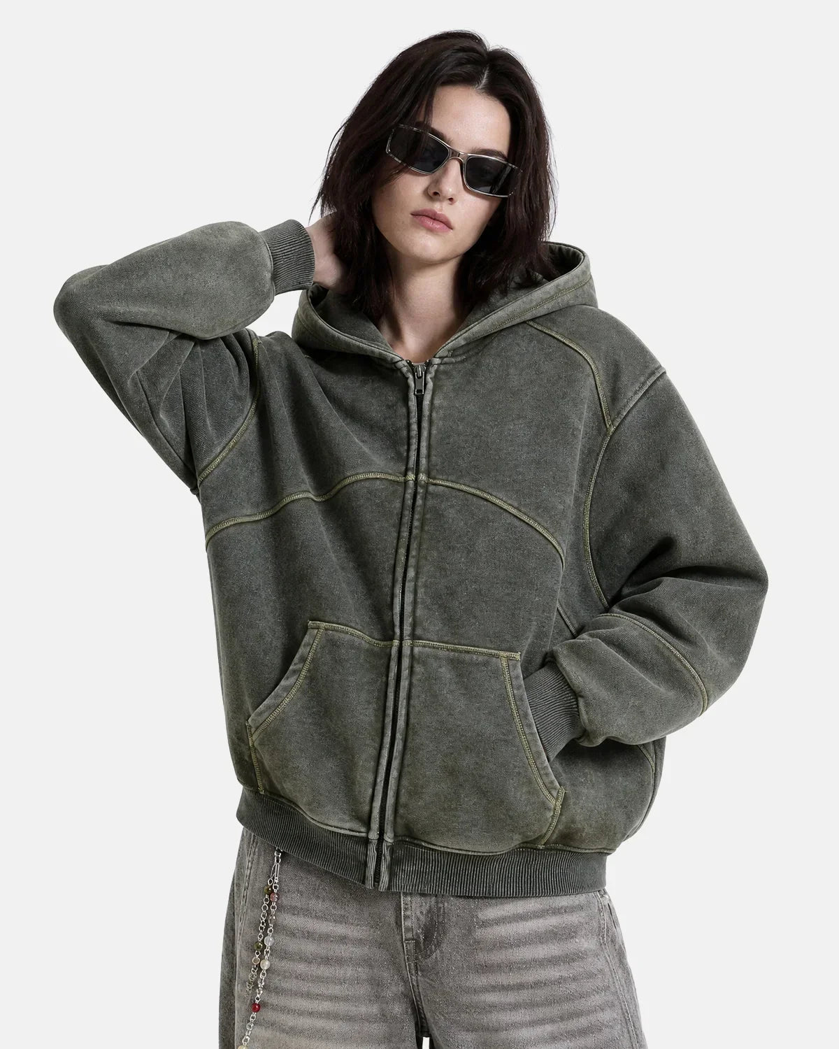 Contrast Stitch Boxy Zip Up Hoodie