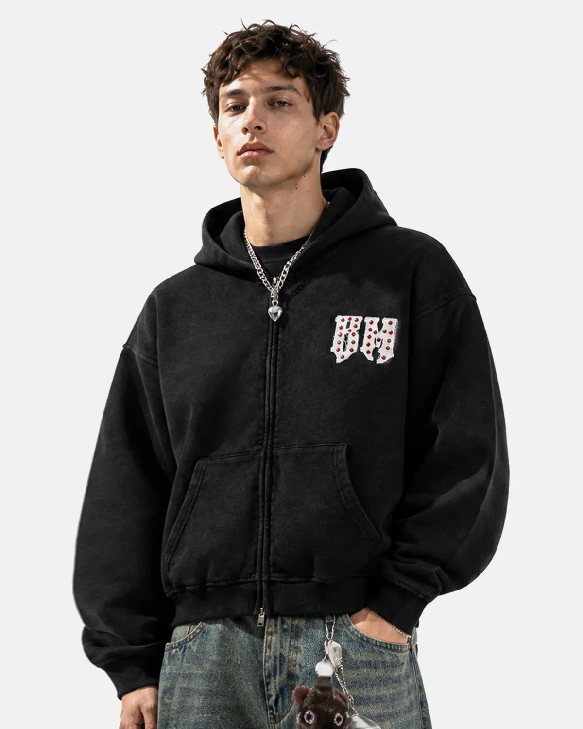 Sweat à capuche zippé effet délavé à lettre gothique