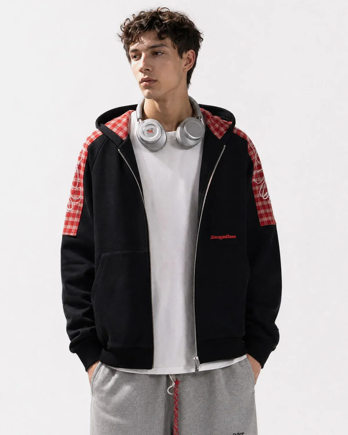Plaid Panel Zip-Up Hoodie