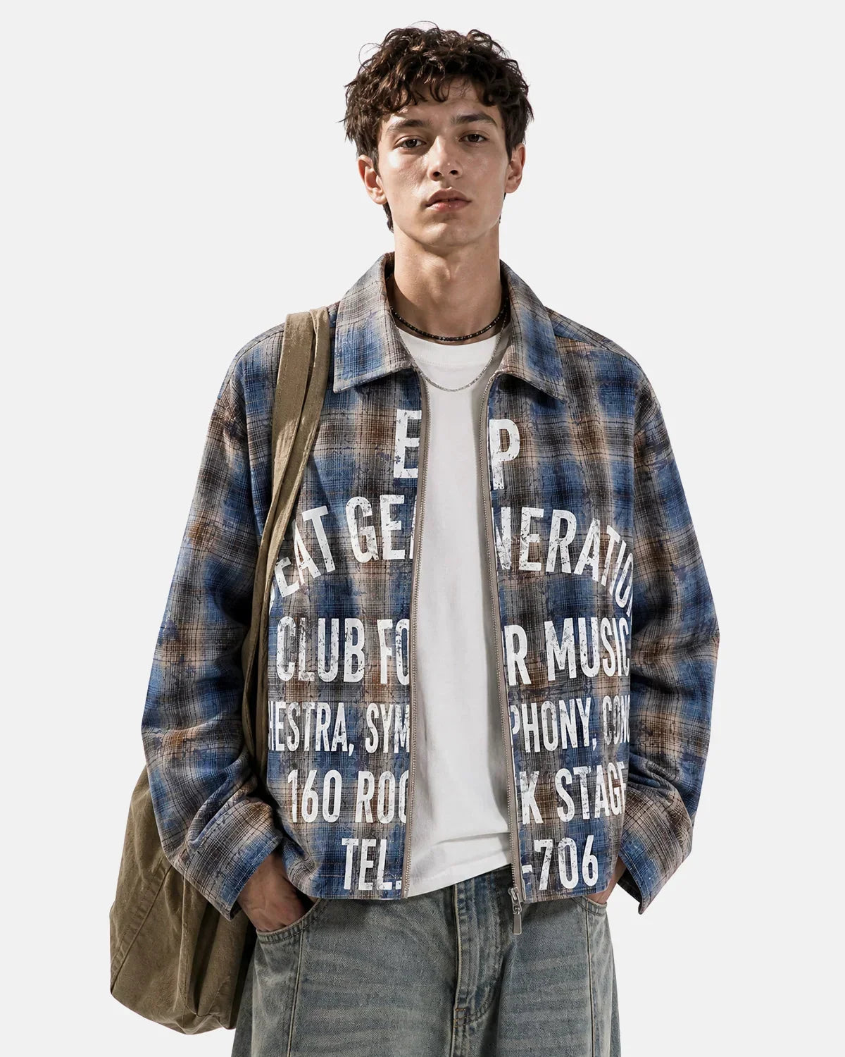 Blue Letter Graphic Plaid Shirt Streetwear Outfit
