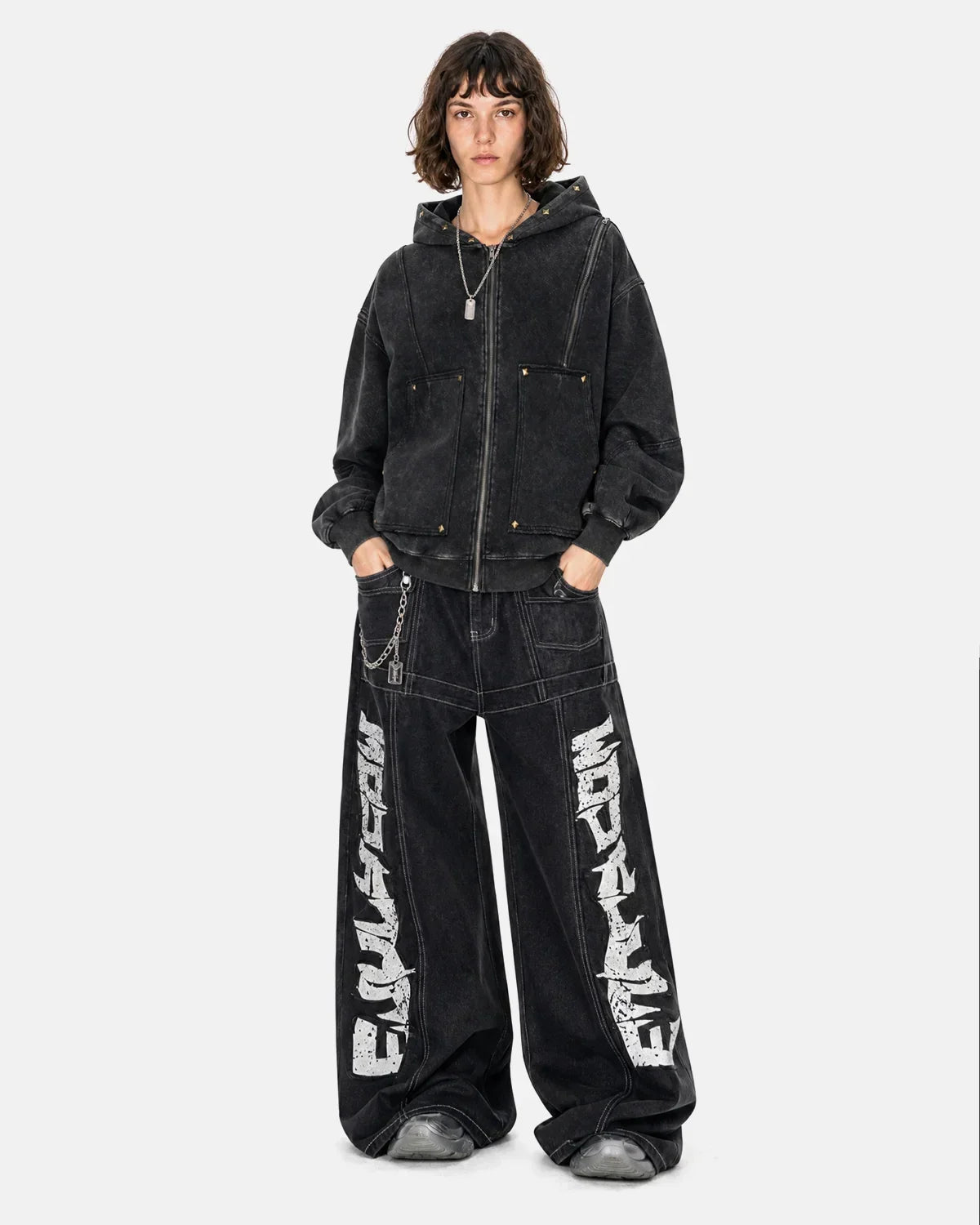 Dirty Washed Studded Boxy Zip Up Hoodie