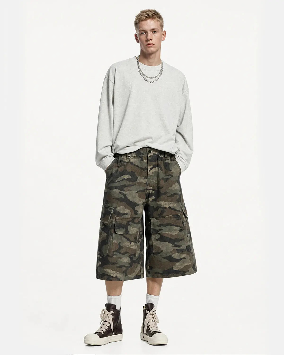 Grey Camo Utility Longline Shorts