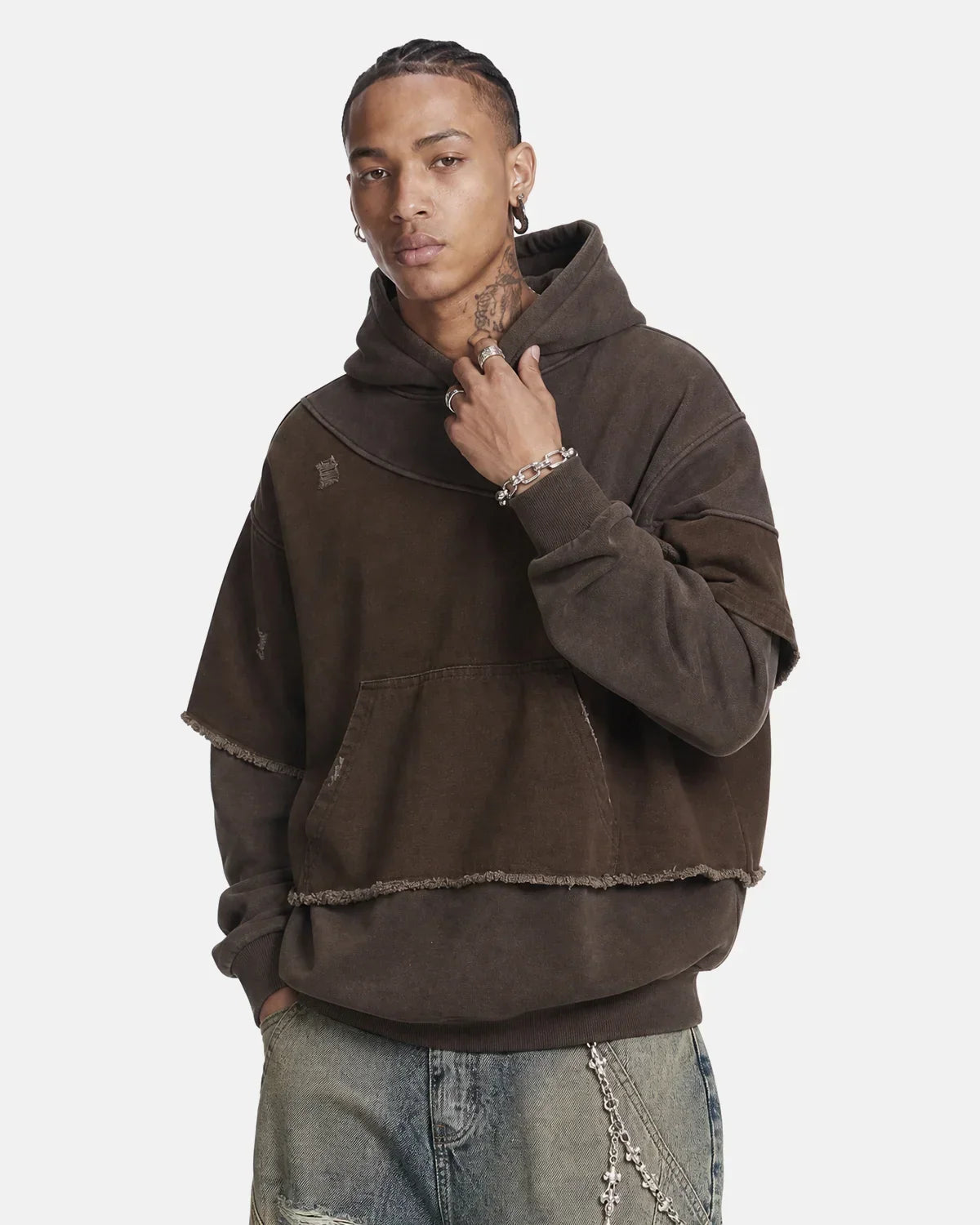 Washed Layered Raw Edge Boxy Hoodie