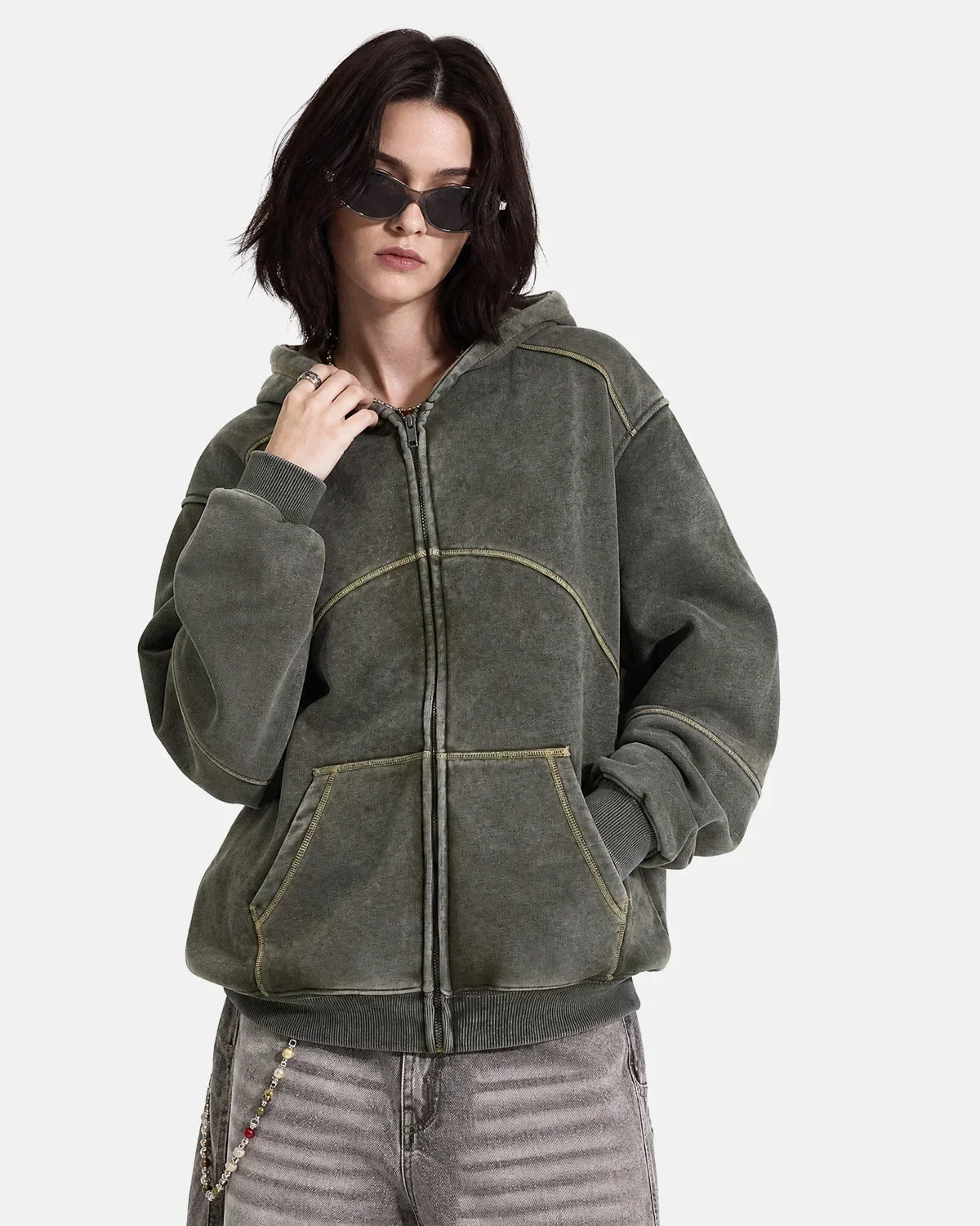 Contrast Stitch Boxy Zip Up Hoodie