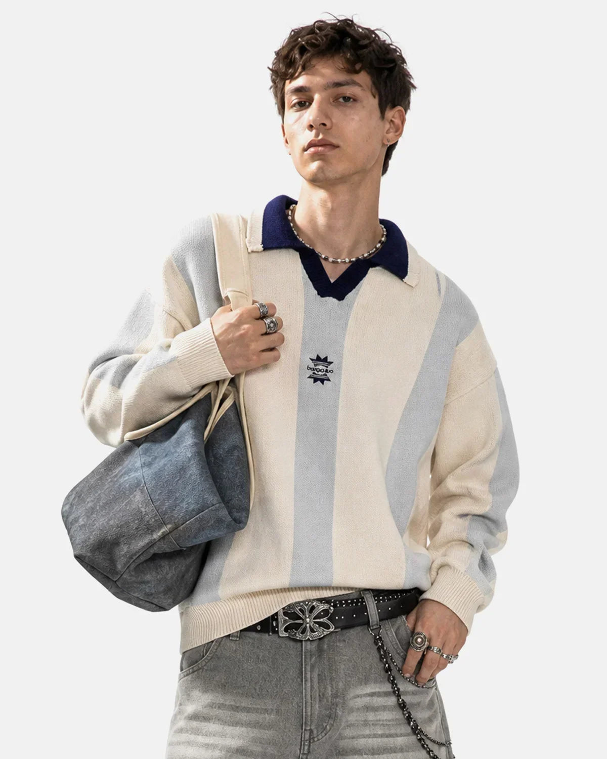 Retro Striped Polo Knit Sweater