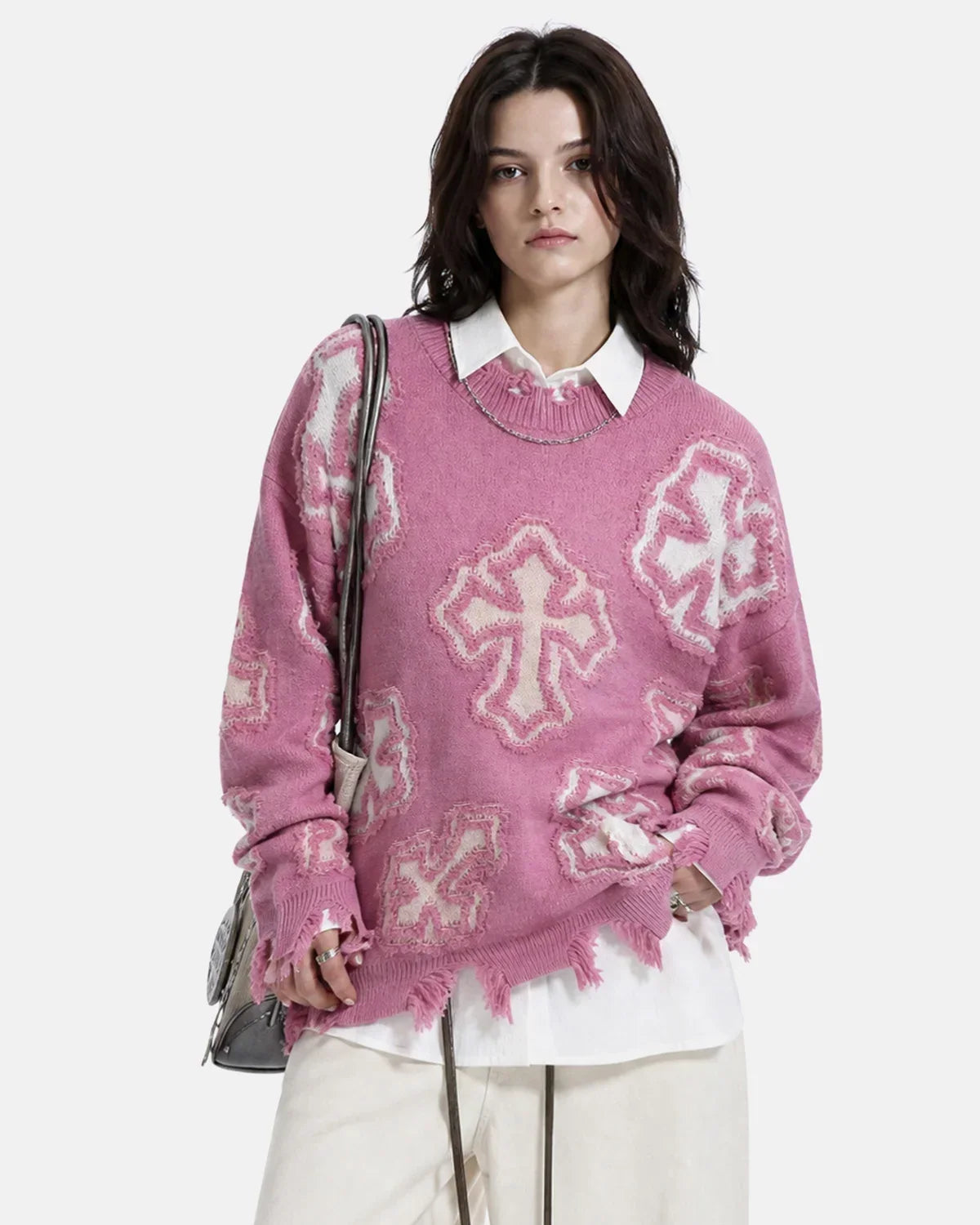 Distressed Cross Graphic Knit Sweater