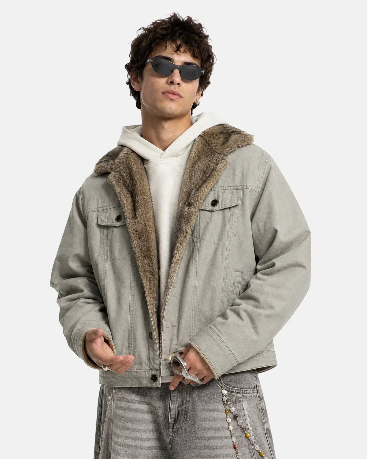 Veste de travail en suédine lavée doublée de fausse fourrure