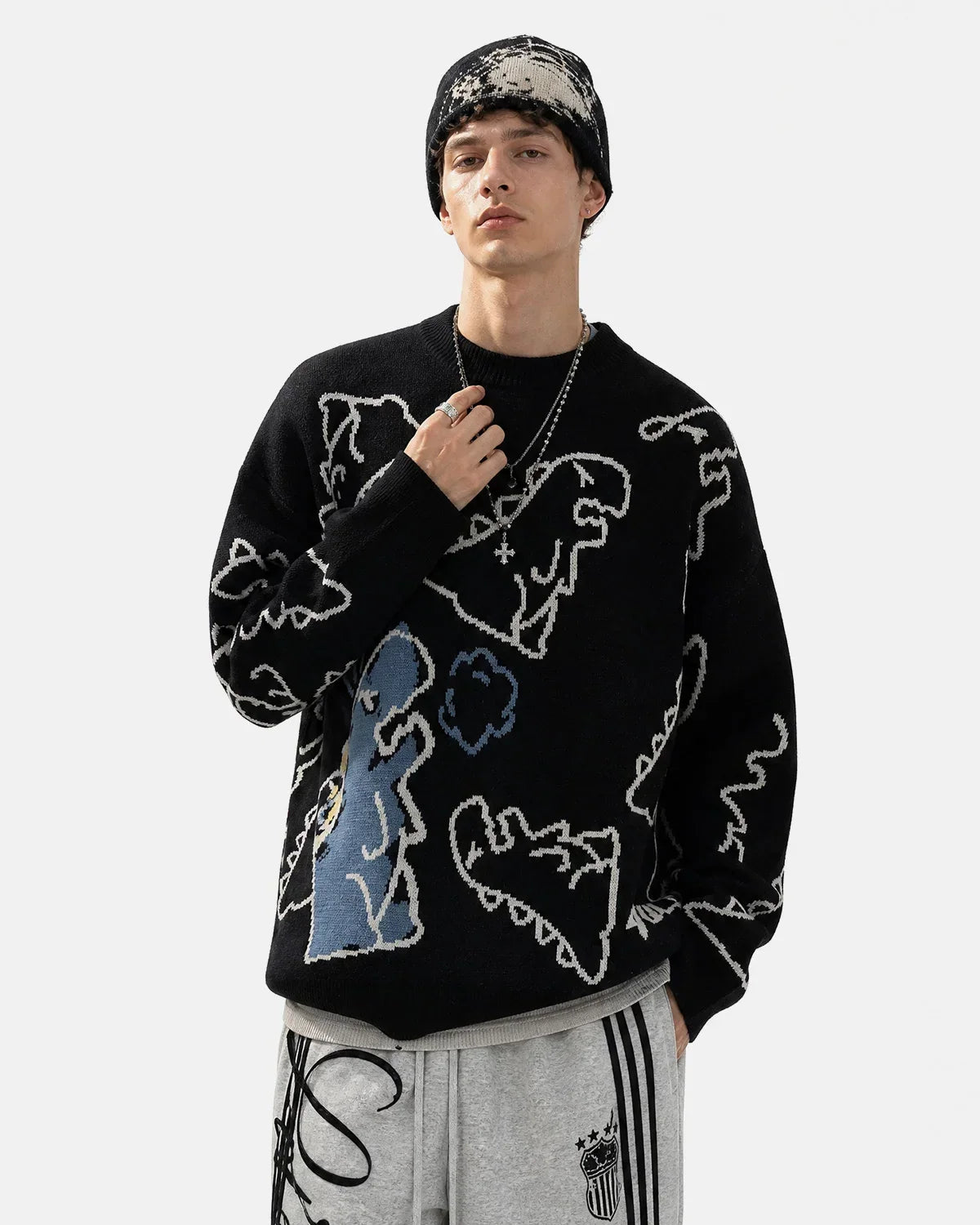 Dinosaur Graphic Crew Neck Knit Sweater MADXMARX
